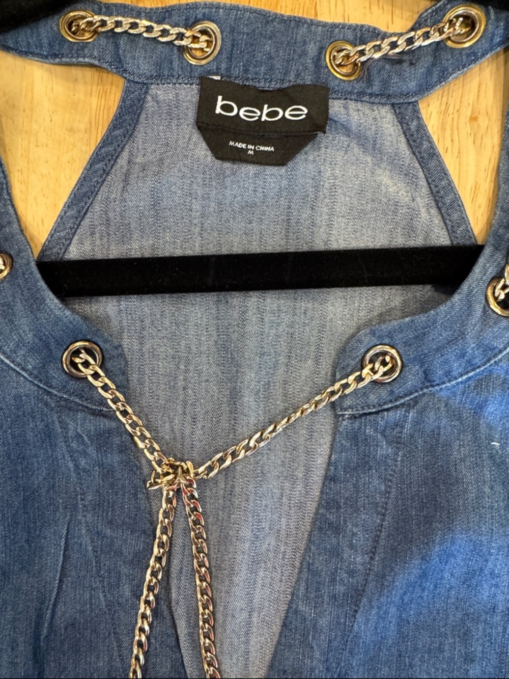 bebe Blue Denim Overalls with Gold Chain Detail size medium